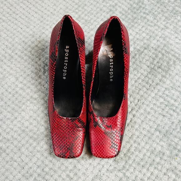 Vintage Y2K Red/Black Snakeskin Square Toe Heeled Pumps 90s Funky Retro 8.5 - Picture 2 of 6